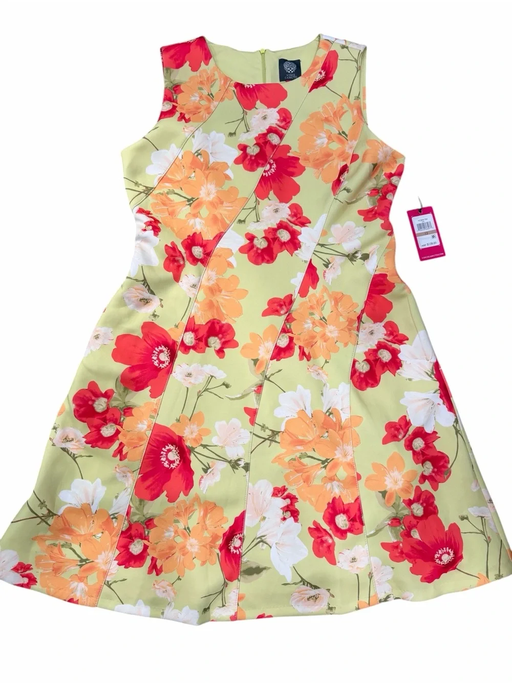 Vince Camuto Scuba Fit Flare Dress Floral Sleeveless Lime Green Orange 12 NWT